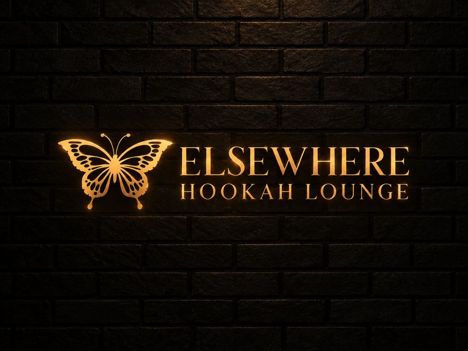 Elsewhere Hookah Lounge logo as a gold neon sign